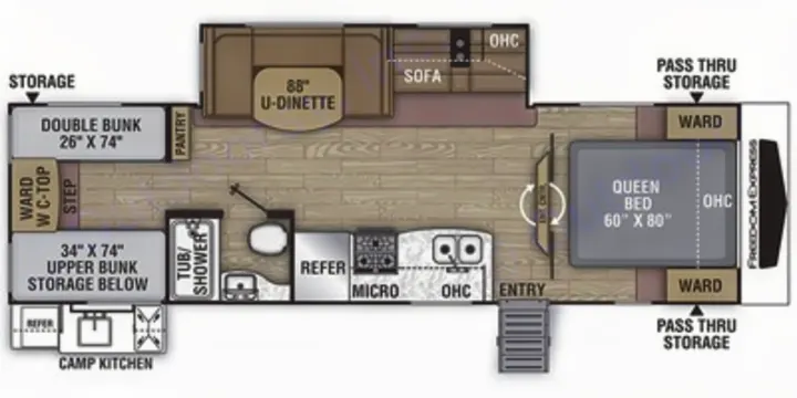 RV rental floor plan: This spacious travel trailer features a queen bed, bunks, U-dinette, kitchen, and full bathroom.. Coachmen Other 2020