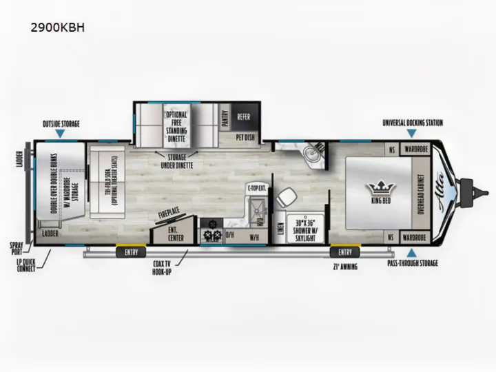 Detailed travel trailer floor plan for rv rental: 2900KBH model with bunkhouse, full kitchen, bath, and king bed.. East to West Alta 2022