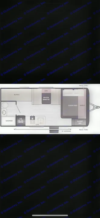 This RV rental floor plan features bunks, a shower, booth dinette, queen bed, kitchen, and pass-thru storage.. Keystone RV Hideout Sport 2025