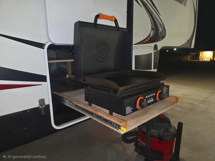 An open Blackstone griddle on a custom slide-out tray extends from an RV's storage compartment, great for an rv rental.. Forest River Shockwave 2018