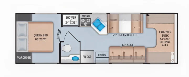 RV rental floor plan: Queen bed, shower, kitchen, dinette, sofa, cab-over bunk. See the layout for your next adventure!. Thor Majestic 2018
