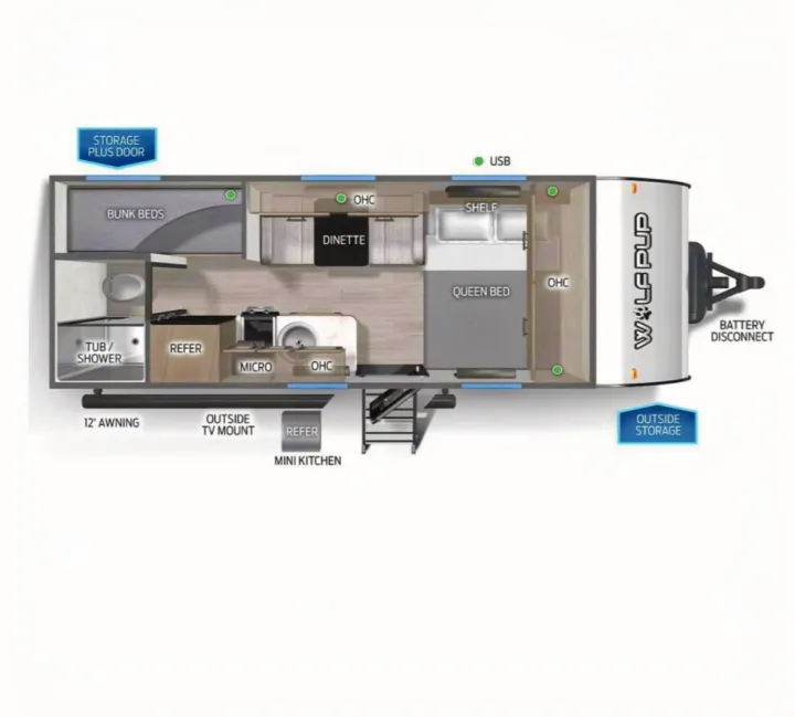 RV rental floor plan showing a travel trailer's interior layout: queen bed, bunk beds, kitchen, and dinette.. Forest River Cherokee Wolf Pup 2023