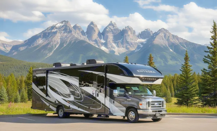 Scenic rv rental: A sleek Entegra motorhome parked before majestic snow-capped mountains and lush pine forests.. Entegra Coach Esteem 2022