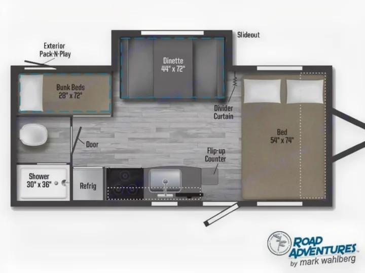 RV rental floor plan: A travel trailer with front bed, central kitchen/dinette in a slideout, rear bunks, and shower.. Winnebago Micro Minnie 2100BH 2023