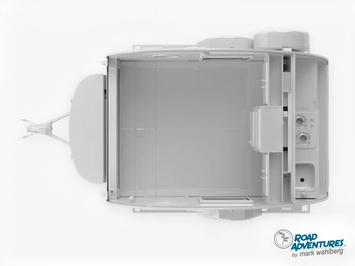 Overhead, cutaway view of a white compact RV rental trailer's interior, highlighting the kitchen, sink, and open floor plan.. nuCamp T@G XL 2025