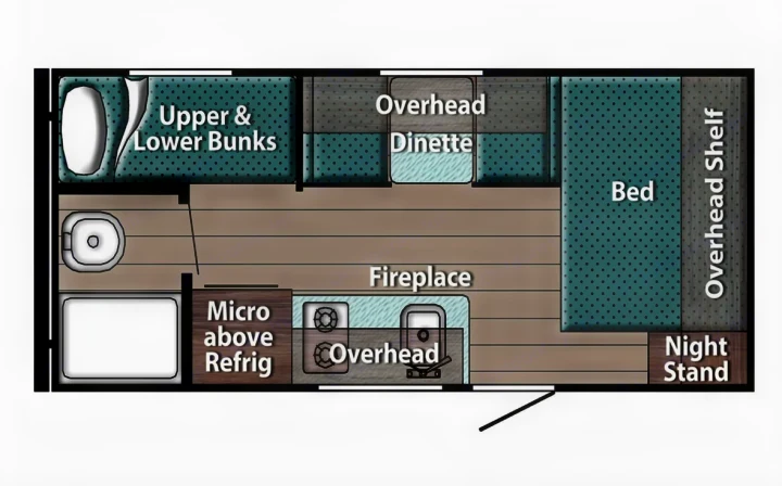 This RV rental floor plan displays bunks, a dinette, a main bed with storage, a kitchen area with microwave above fridge, and a bathroom.. Gulf Stream Enlighten Super Lite 2025