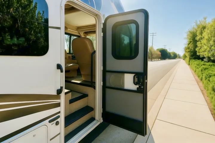 An inviting open RV rental door reveals interior steps on a sunny day, parked beside a road and sidewalk.. Thor Vegas 2022