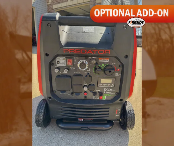 This Predator 5000W dual-fuel generator is an optional add-on for Fireside rv rental, providing reliable power for your trips.. Forest River Salem FSX 2022