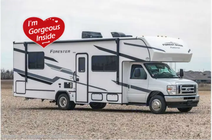 A white Class C Forester RV rental with a red "I'm Gorgeous Inside" heart. Ready for your road trip adventure.. Forester LE 2026