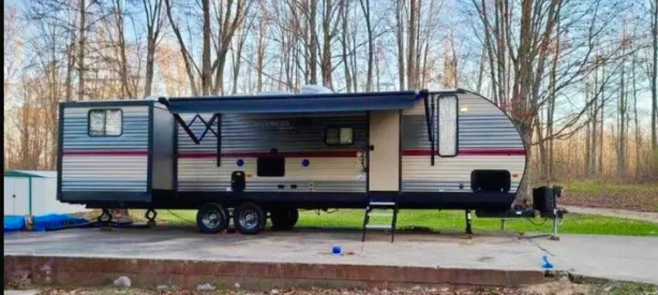 Modern travel trailer RV rental on paved site, extended slide-out & awning. Ready for your camping adventure in nature.. Forest River Cherokee 2019