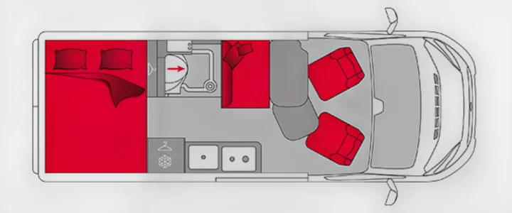 RV rental: Compact camper van floor plan showing a rear bed, bathroom, kitchenette, and front cabin seats.. PILOTE V600G 2026