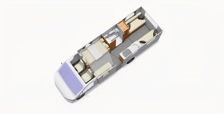 Overhead cutaway view of an RV rental interior, highlighting the functional floor plan with kitchen, bath, and sleeping zones.. Elddis Whirlwind GT 196 2026