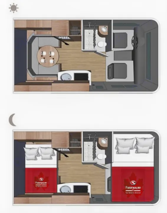 RV rental interior. Day: dinette & kitchen. Night: seating converts to beds for versatile living & sleeping.. Adventurer Adventurer Motorhome 2008