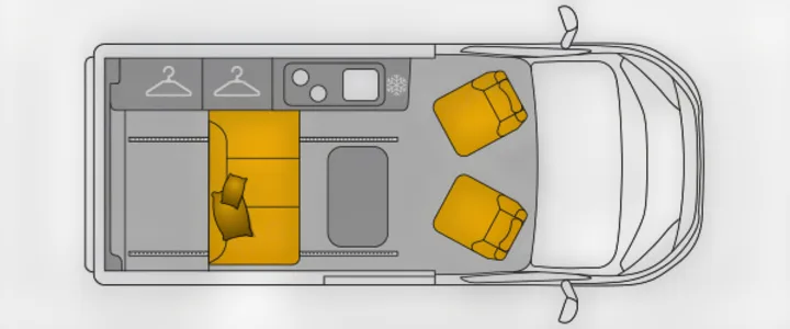 Camper van RV rental floor plan. Shows interior with bed, kitchen area, dining table, and two swivel front seats.. BAVARIA MC545BC 2026