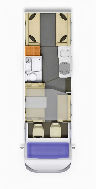 Overhead view of an RV rental layout. Features driver's cabin, bedroom, bathroom, kitchen, and rear lounge area.. Elddis Whirlwind GT 196 2026