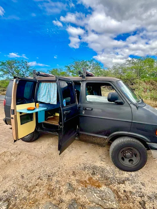 Black camper van with doors open, showcasing a light blue table & palm tree curtains, parked outdoors. Your next rv rental for adventure!. Dodge 1500 1999