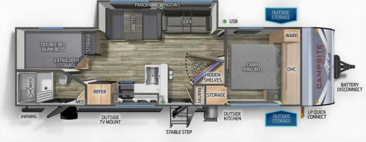 This RV rental floor plan displays the interior layout: bunk beds, king bed, kitchen, bath, dinette, sofa, and ample storage.. Forest River Campsite reserve 26CJ 2025