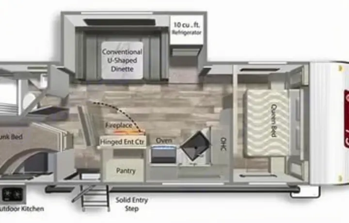 This RV rental floor plan displays a Queen bed, bunk beds, U-shaped dinette, kitchen with oven & fridge, fireplace, and an outdoor kitchen.. Dutchmen Coleman Lantern 2022