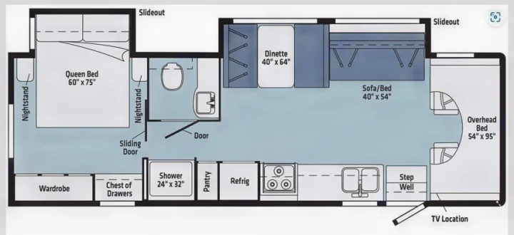 RV rental floor plan showing a detailed interior with slideouts, queen bed, dinette, kitchen, bathroom, and multiple sleeping areas.. Winnebago Outlook 2020