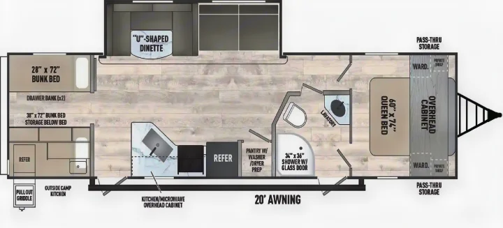 This RV rental floor plan showcases bunk beds, a queen bed, a U-dinette, kitchen, full bath, and an outdoor kitchen.. Forest River Viking 6K 2025