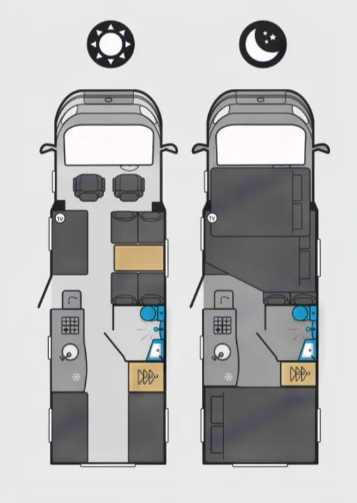 RV rental floor plan comparison: Day & night layouts for a campervan's interior, featuring living, kitchen, bath, and beds.. Swift Edge 486 2024