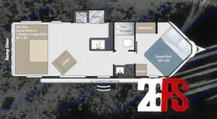 RV rental floor plan: See the interior layout with double queen beds, kitchen, bath, U-shape lounge, and rear ramp door.. Keystone RV Raptor Toy Hauler 2012