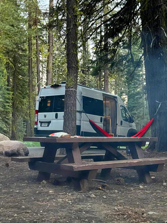 **RV rental** camper van parked in a serene forest campsite with a picnic table & hammocks for outdoor relaxation.. Ram Promaster 1500 2020