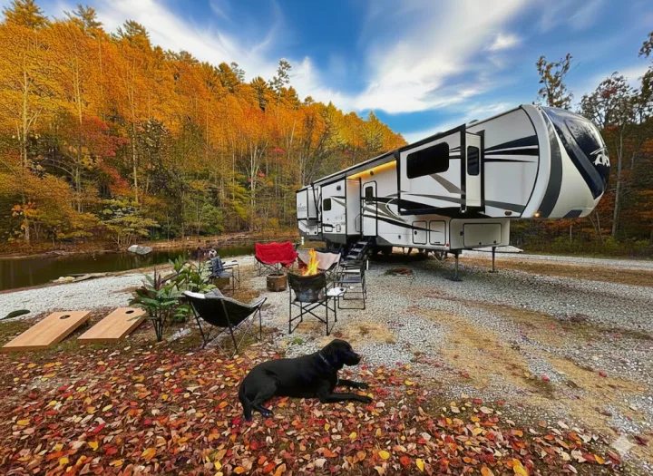 Cozy fall RV rental setup: fifth-wheel RV, campfire, and a black dog amidst colorful autumn leaves by a pond.. Highland Ridge RV Open Range 2024