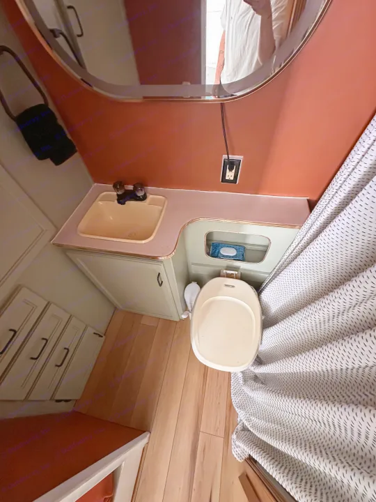 This cozy RV rental bathroom features a sink, toilet, oval mirror reflecting a person, and a patterned shower curtain. Peach walls and wood floor.. Coachmen Catalina 1994