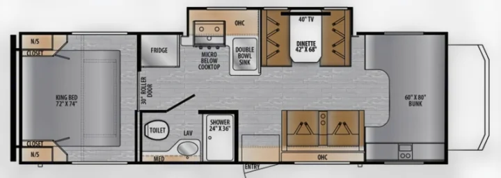 This RV rental floor plan features a king bed, 60x80" bunk, kitchen (micro/cooktop, sink, fridge), bath (toilet, shower), and dinette with TV.. East to West Entrada 2027