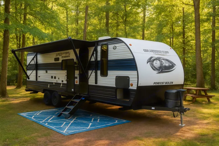 Travel trailer rv rental in a lush forest campsite, with an open awning, steps, blue rug, and picnic table.. Forest River Grey wolf 2026