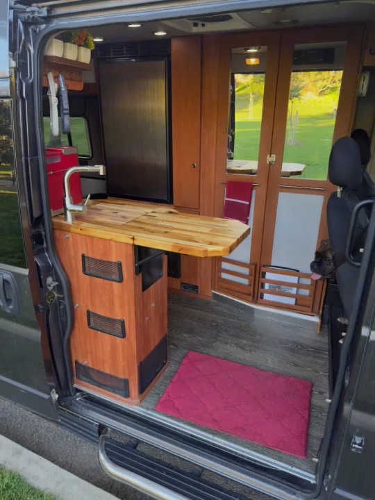 Bright RV rental interior featuring a modern kitchen sink, wood counter, compact fridge, and warm wooden cabinetry. A dog peeks out.. Roadtrek Simplicity SRT 2019