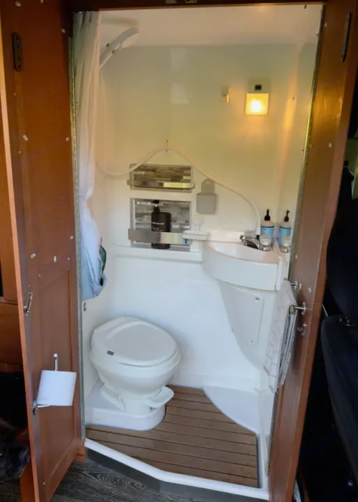 Compact RV rental bathroom with toilet, sink, and shower. Essential amenities visible for a comfortable trip.. Roadtrek Simplicity SRT 2019