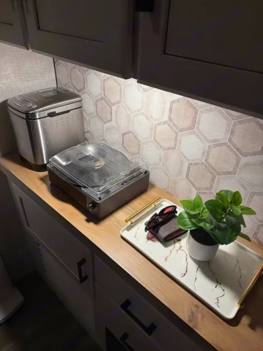 RV rental kitchen featuring compact appliances like a bread maker, a record player, and modern hexagonal backsplash decor.. Jayco Eagle 2024