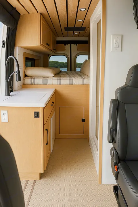 Step into this bright RV rental! Modern camper van interior with a cozy bed, sleek kitchen, and scenic lake views from the rear.. MERCEDES-BENZ Sprinter 2500 AWD 2024
