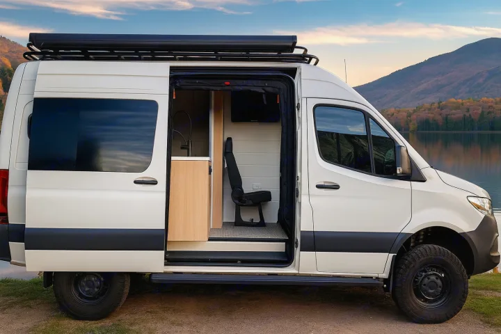 This white camper van rv rental, with open door revealing its minimalist interior, is parked by a scenic autumn lake.. MERCEDES-BENZ Sprinter 2500 AWD 2024
