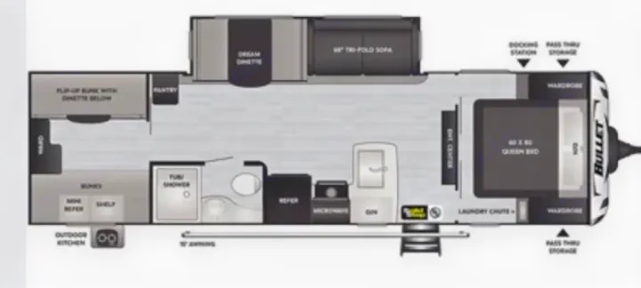 Detailed RV rental floor plan: queen bed, bunks, dinette, full kitchen, bath, and outdoor kitchen for family trips.. Keystone Bullet 2022