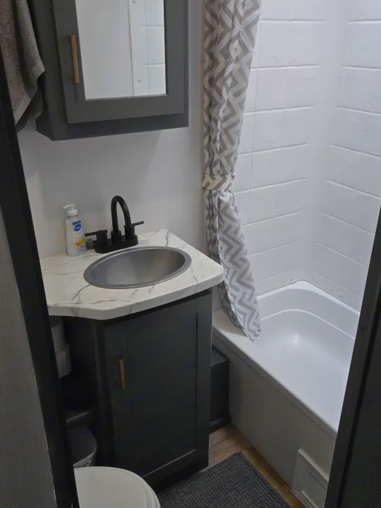 Modern RV rental bathroom: dark vanity, oval sink, white tub/shower with a gray geometric curtain, and mirrored cabinet.. Keystone Bullet 2022