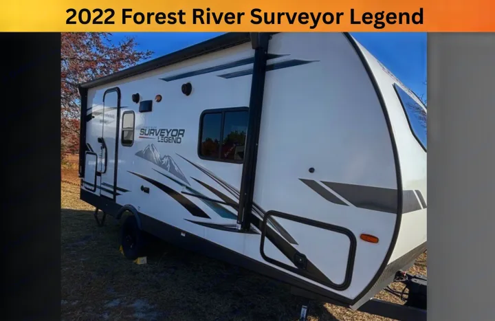 A 2022 Forest River Surveyor Legend travel trailer, white with black/grey mountain graphics. This RV rental is ready for adventure.. Forest River Surveyor 2022