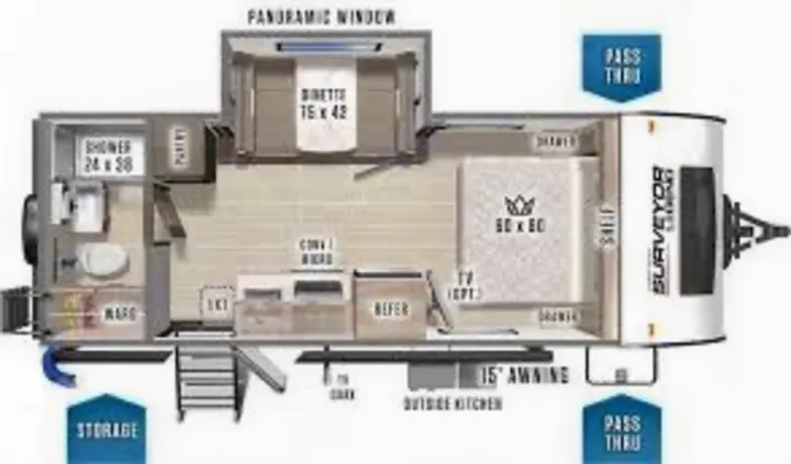 This RV rental floor plan illustrates a travel trailer's layout, featuring a queen bed, kitchen, dinette, and bathroom.. Forest River Surveyor 2022