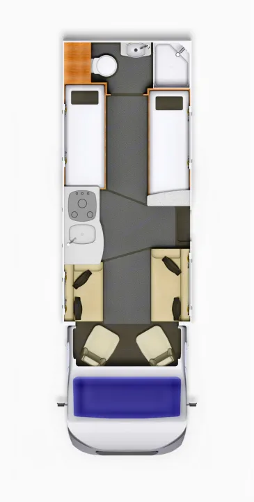 Overhead RV rental floor plan of a motorhome interior, showing kitchen, lounge area, twin beds, and a separate bathroom.. Elddis Whirlwind GT 185 2026