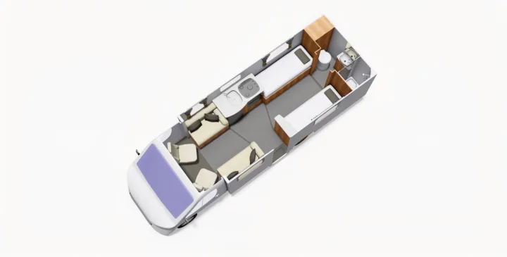 A detailed overhead view of an RV rental's interior, showing its living area, kitchen, two beds, and compact bathroom.. Elddis Whirlwind GT 185 2026