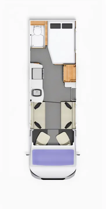 Overhead RV rental floor plan, ideal for your camper. Shows bed, bath, kitchen, dinette, and front seats.. Elddis Whirlwind GT 155 2026