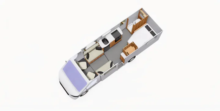 Detailed motorhome RV rental floor plan with kitchen, bathroom, and sleeping areas.. Elddis Whirlwind GT 155 2026