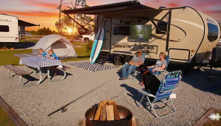 Family enjoying their RV rental vacation: a sunset campsite with tent, picnic, campfire, TV, and outdoor gear.. Forest River Rockwood Mini Lite 2020