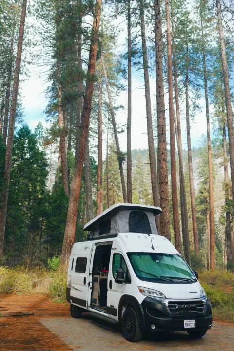 An RV rental camper van with its pop-top extended, parked amidst towering pine trees in a serene forest setting, ready for camping.. Winnebago Winnebago 2026