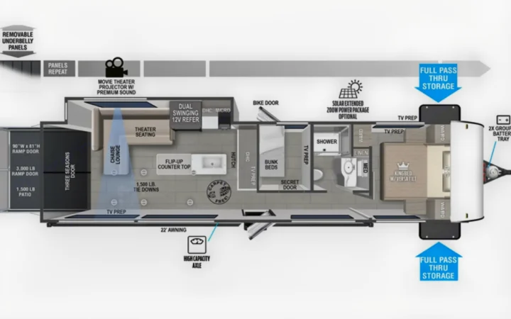 Detailed RV rental floor plan of a toy hauler, showcasing theater seating, king bed, bunk beds, and versatile storage.. Forest River Wildwood FSX Platinum 2023