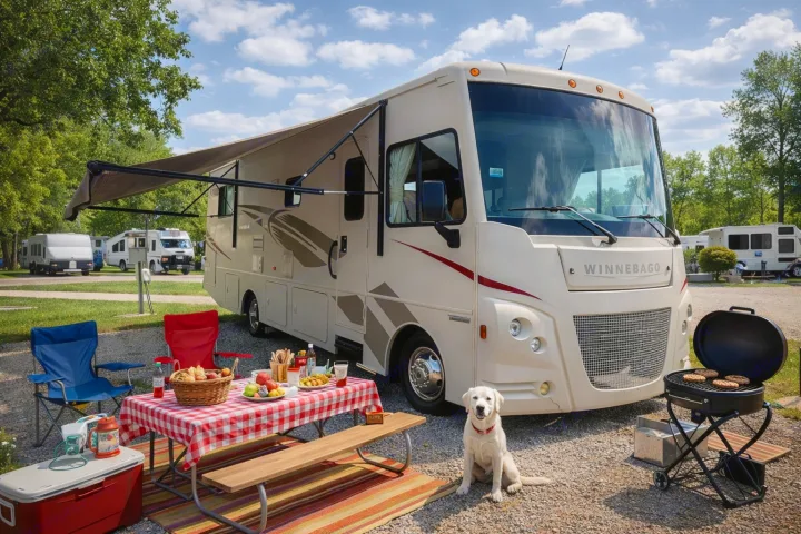 Enjoy rv rental joy! A spacious RV, happy dog, picnic spread, and grill set up at a sunny campground.. Winnebago Vista 2017