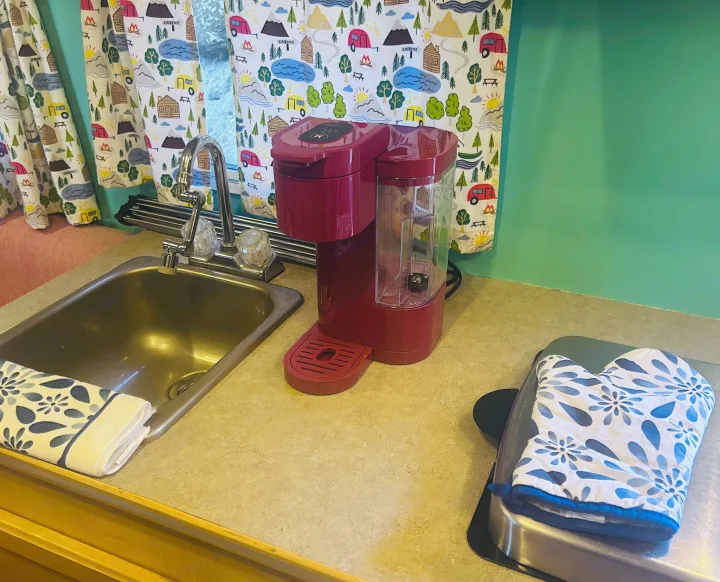 RV rental kitchen: sink, red coffee maker, and oven mitt on counter. Camping-themed curtains and teal walls.. Forest River M-17 2005