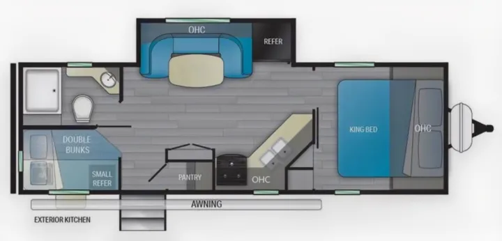 Explore this spacious RV rental floor plan: King bed, bunkhouse, kitchen, dinette, bath, and outdoor kitchen.. Heartland RVs Mallard 2022